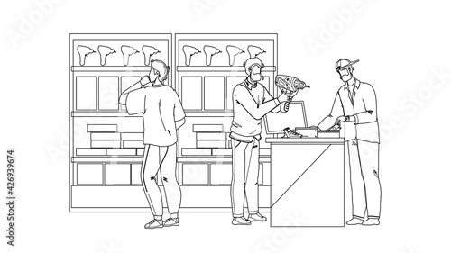 Tool Store Selling Instruments For Repair Black Line Pencil Drawing Vector. Clients Man Choosing Electric Hand-held Power Device In Tool Store. Characters Customers In Hardware Construction Shop