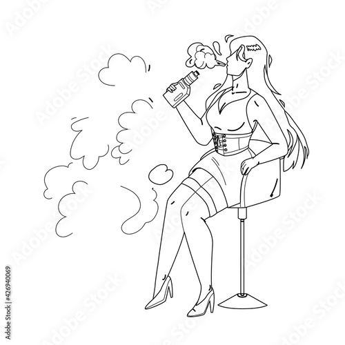 Vape Girl Smoking Electronic Cigarette Black Line Pencil Drawing Vector. Pretty Young Vape Girl Sitting On Chair And Smoke E-cigarette. Character Woman Hipster Vaping And Inhale Nicotine Illustration