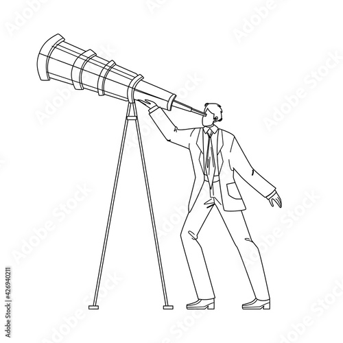 Visionary Businessman Looking Into Spyglass Black Line Pencil Drawing Vector. Visionary Man Watching In Telescope. Character Guy Manager Leadership Business Vision, Recruitment Employee Illustration