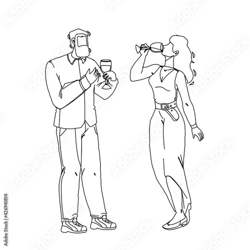 Wine Degustation Sommeliers Man And Woman Black Line Pencil Drawing Vector. Young Boy And Girl Taste And Drinking Wine And Smelling Flavor Of Alcoholic Grape Beverage. Characters With Aromatic Liquid