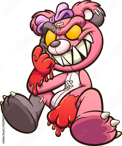 Evil pink Teddy bear with bloody hands sitting down. Vector clip art illustration with simple gradients. All on a single layer.
