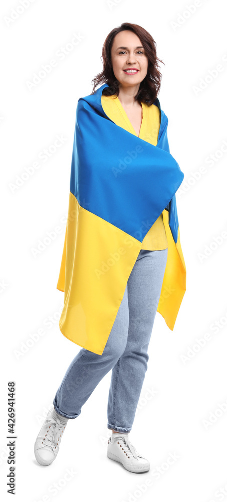 Happy woman with flag of Ukraine on white background Happy woman with flag of Ukraine on white background