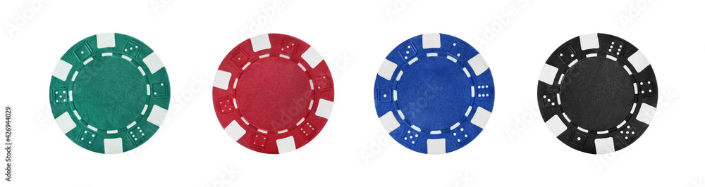 Naklejka premium Set with different casino chips on white background, top view. Banner design