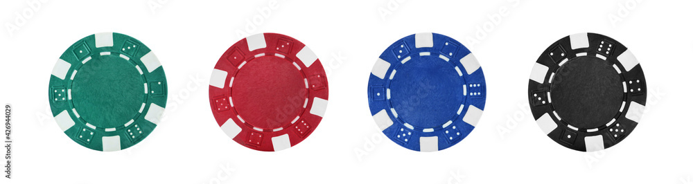 Set with different casino chips on white background, top view. Banner design Set with different casino chips on white background, top view. Banner design