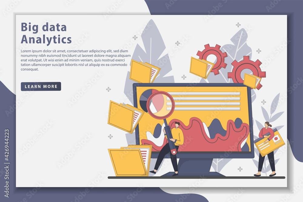 Vector illustration Big data analytics concept landing page. Volume, Value, cloud computing, and Virality. Market research, product testing, data analysis. Flat Line style design