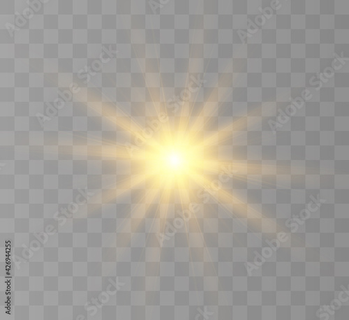 Yellow glowing light burst explosion with transparent. Vector illustration for cool effect decoration with ray sparkles. Bright star. Transparent shine gradient glitter  bright flare. Glare texture. 