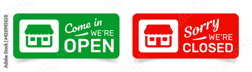 Closed and open shop sign with store icon