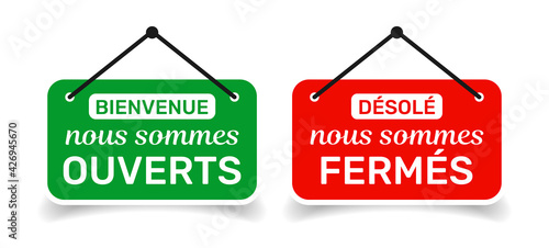 Pancarte bienvenue nous sommes ouverts et désolé nous sommes fermés. Signes pour magasins