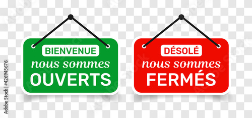 Pancarte bienvenue nous sommes ouverts et désolé nous sommes fermés. Signes pour magasins