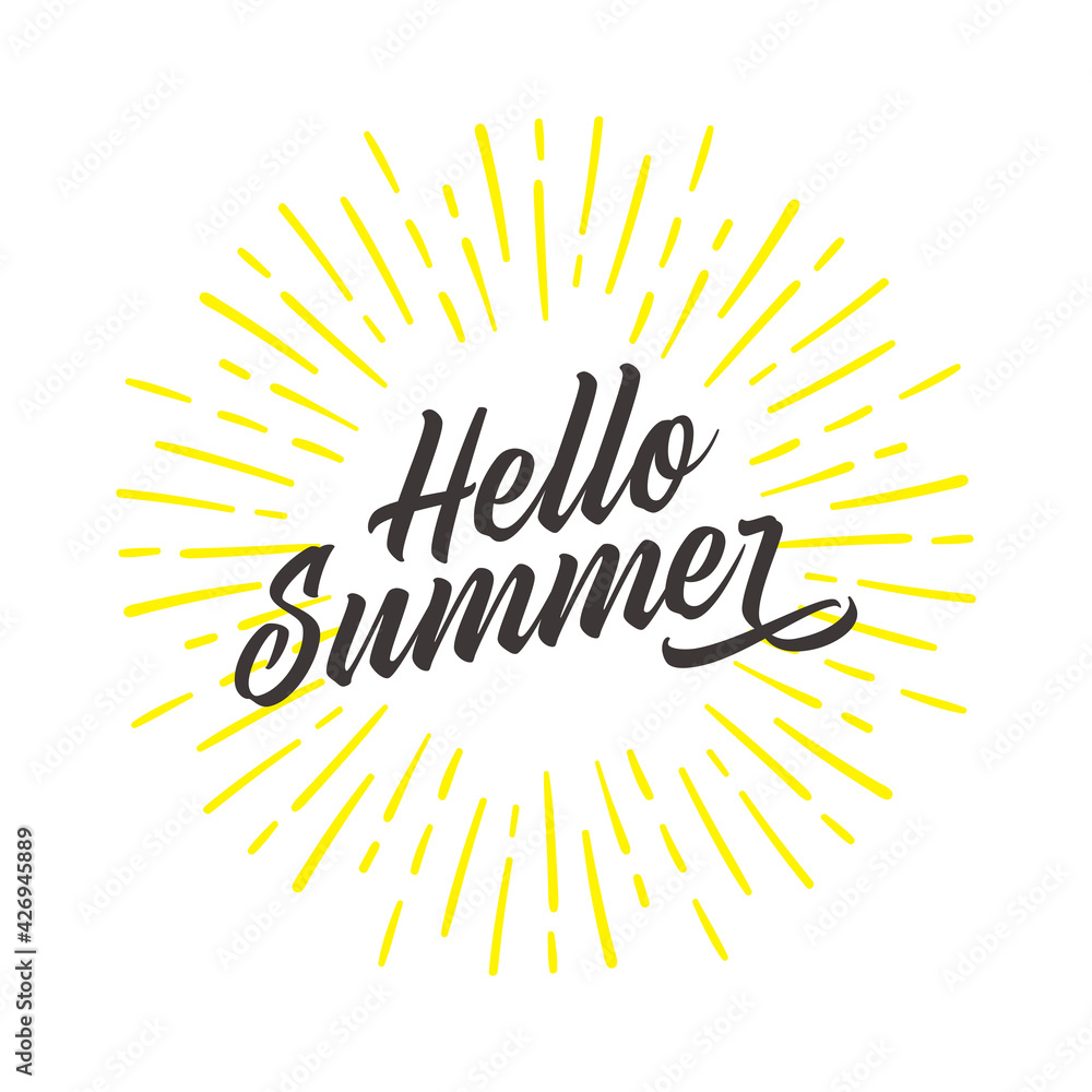 Hello Summer fun quote hipster design logo or label. Hand lettering inspirational typography vector illustration. Hello Summer fun quote hipster design logo or label. Hand lettering inspirational typography vector illustration.