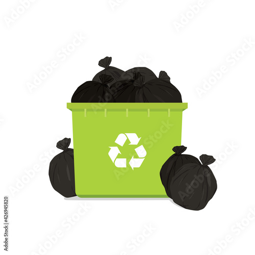 Overflowing green garbage bin with household waste isolated on white background.