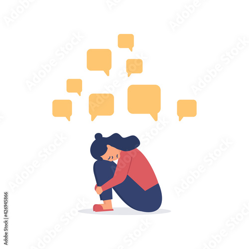 Depressed woman sitting on the floor with message bubbles. Cyber bullying. Unhappy female character receiving pop up messages. Problems in social networks.