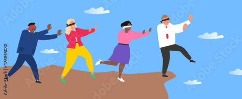 blindfolded people men and women with bands on eyes step to the edge of cliff .business risk challenge concept vector illustration