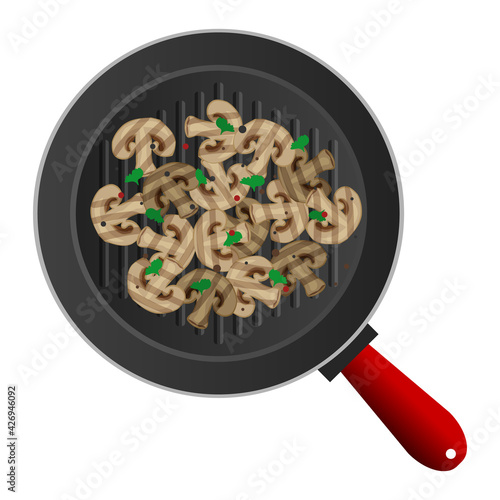 sliced mushrooms and parsley on frying  grill pan top view vector illustration