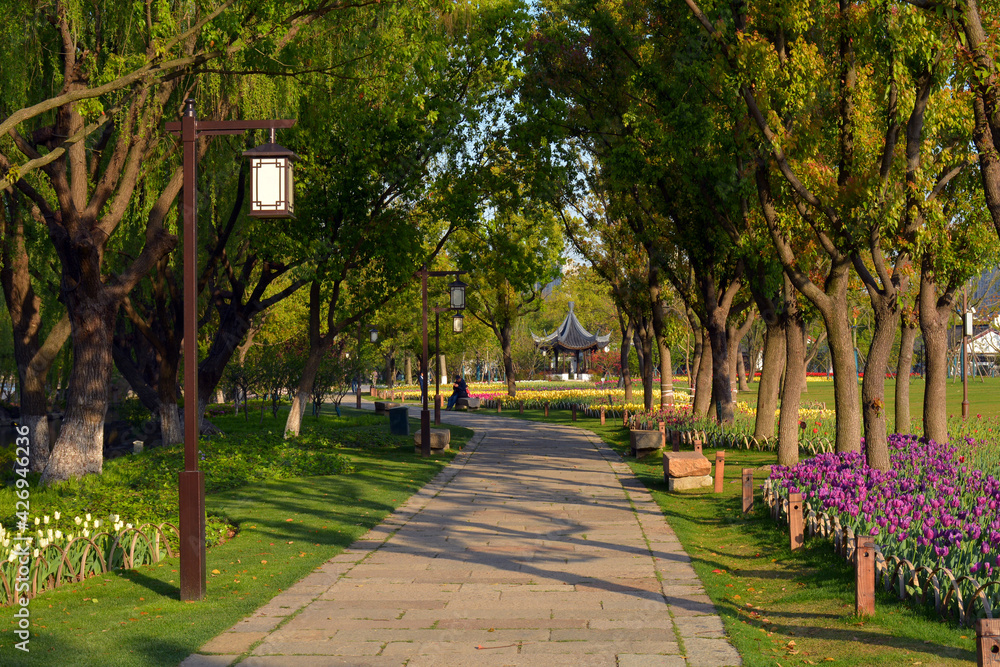 Late afternoon light shines across a public park in Jiaxing,China