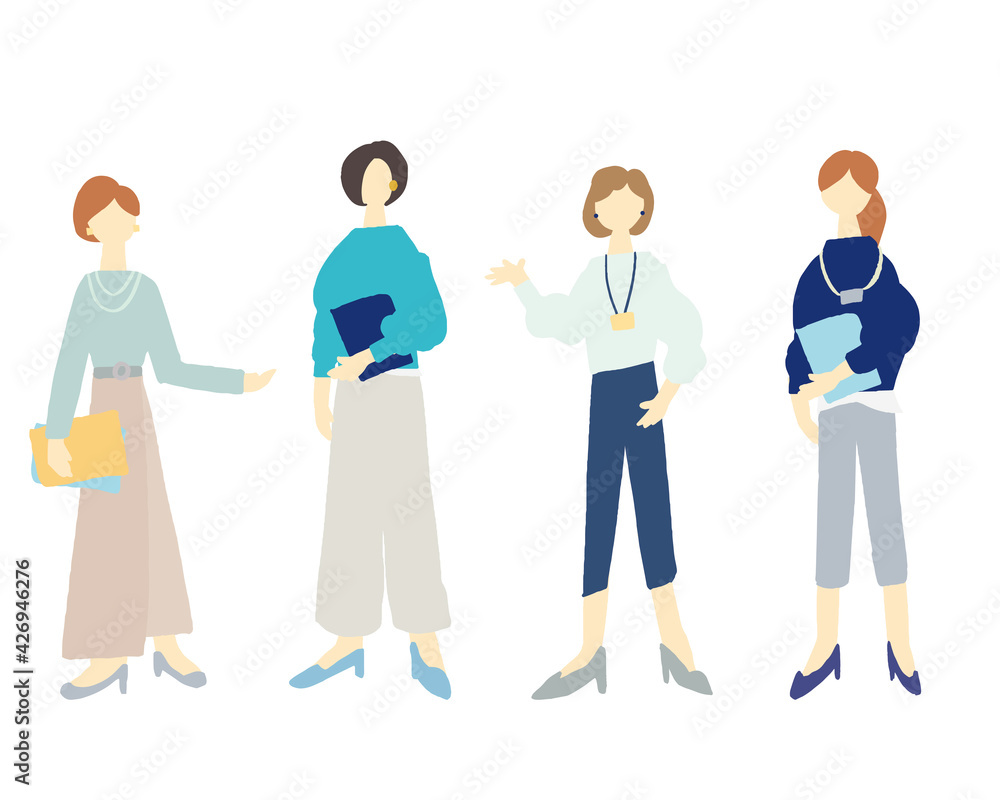 スーツ姿で立つ女性数名の全身イラスト Workers, business, jobs, vector スーツ姿で立つ女性数名の全身イラスト Workers, business, jobs, vector