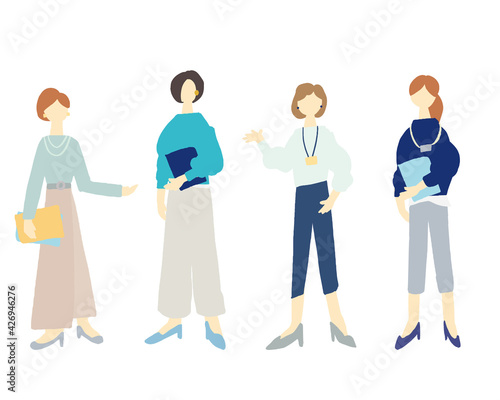 スーツ姿で立つ女性数名の全身イラスト　Workers, business, jobs, vector