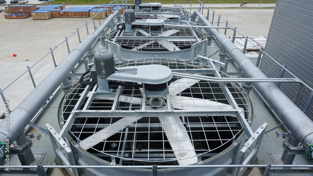 Roof condition of industrial cooling tower. Machine and propeller.