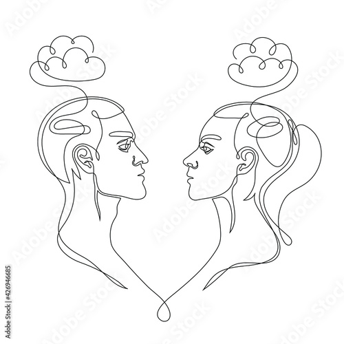Continuous line vector drawing of man and woman loking at each other. Minimalist illustration of relationships. Resentment between a couple. One Line concept.
