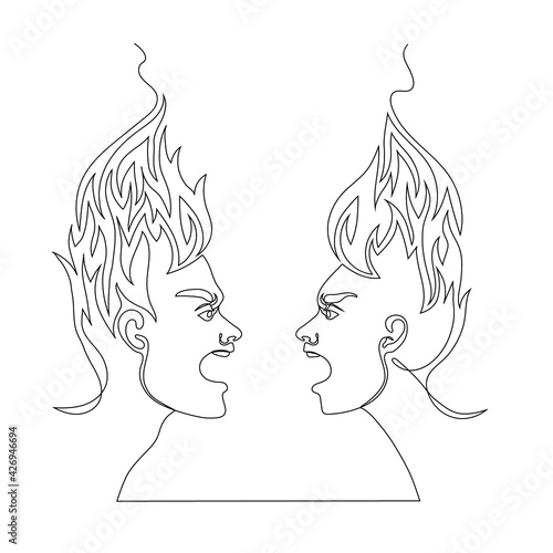 Continuous line vector drawing of man and woman screaming at each other. Minimalist illustration of relationships. A quarrel between a couple. One Line concept. Head is on fire.