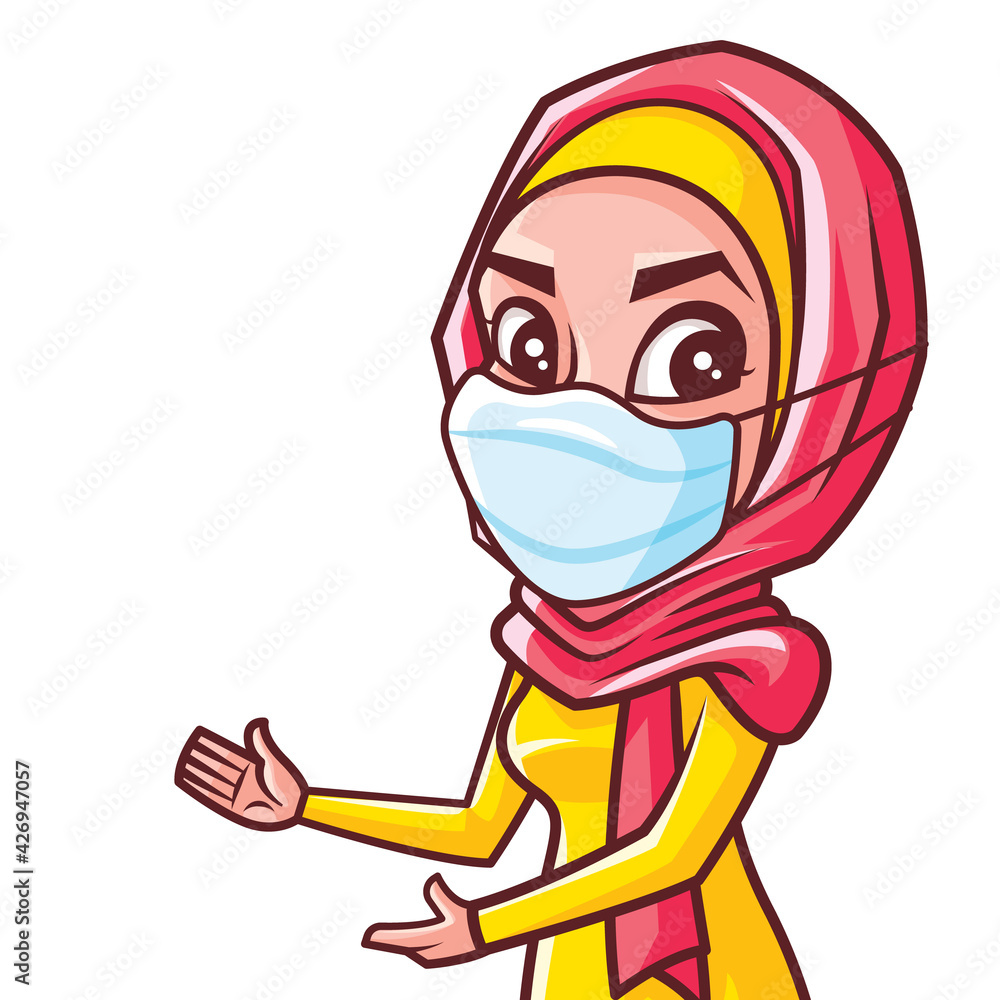 Cartoon character of Muslim woman with hijab wearing medical face mask to prevent against virus and pointing hand to show something on white background