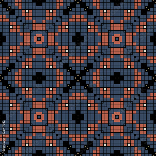 Squares seamless pattern. Mosaic colorful vector background. Repeat digital backdrop. Modern halftone geometric ornaments. Abstract plaid tartan creative design with square shapes, rhombus, lines