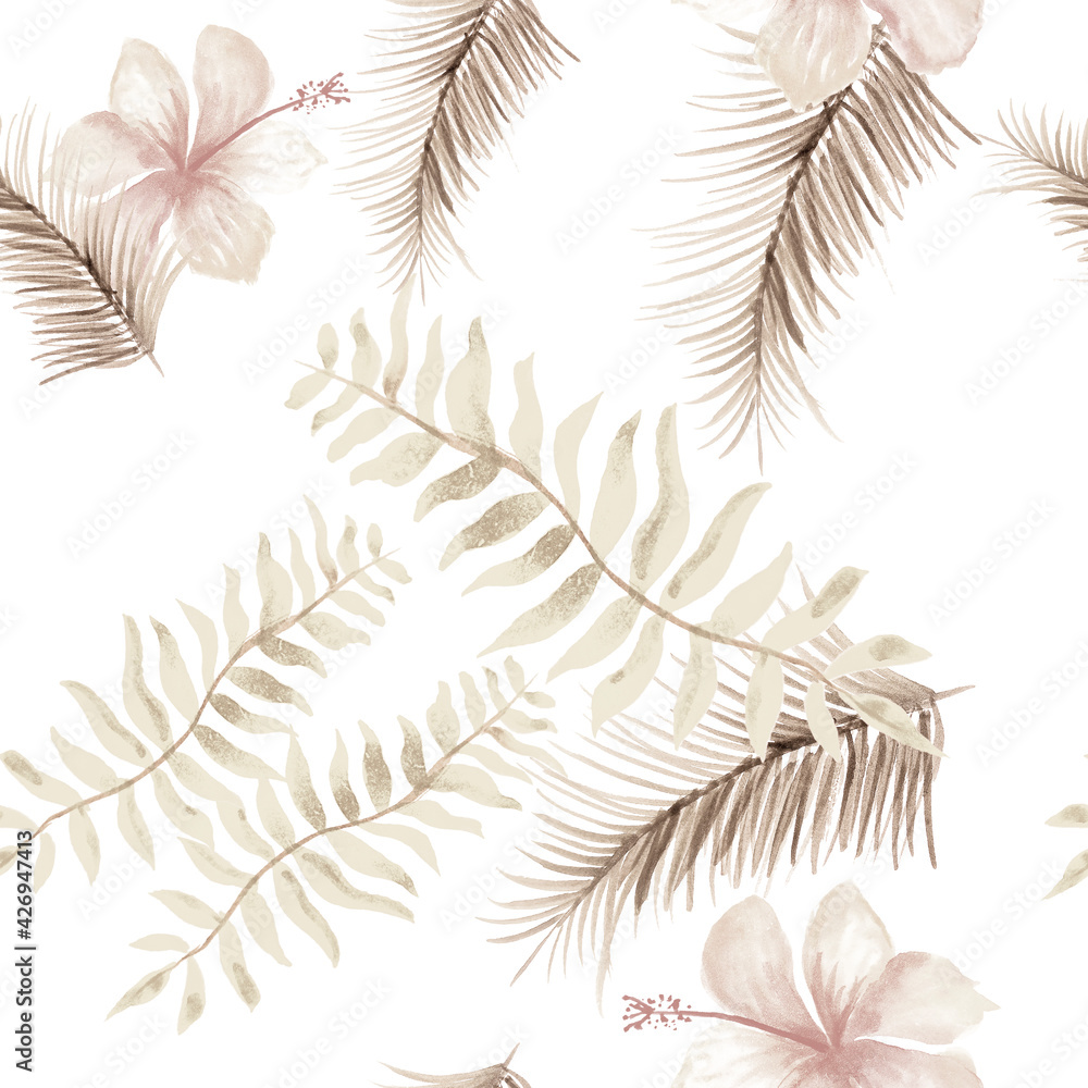 Brown Tropical Leaves. Gray Seamless Background. White Pattern Hibiscus. Pink Flower Vintage. Spring Illustration. Decoration Art. Wallpaper Leaves. Flora Leaf.