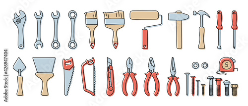 Construction tools vector set. Color doodle sketch. Adjustable wrench, brush, roller, hammer and nails. Screw, nut and bolt. Tape measure, screwdriver, putty knife, saw, pliers and wire cutters