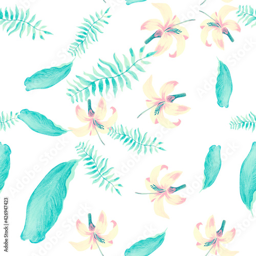 White Pattern Exotic. Gray Tropical Foliage. Pink Seamless Vintage. Blue Decoration Leaf. Navy Spring Design. Yellow Flower Nature. Wallpaper Textile.