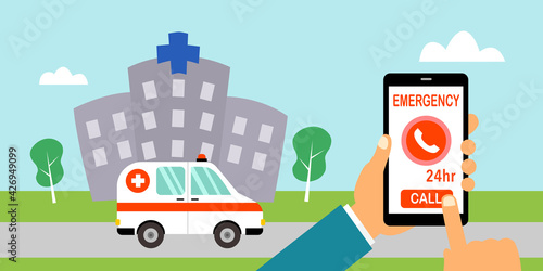 Man calling emergency call for ambulance from hospital. Patient urgent need help or first aid assistance.
