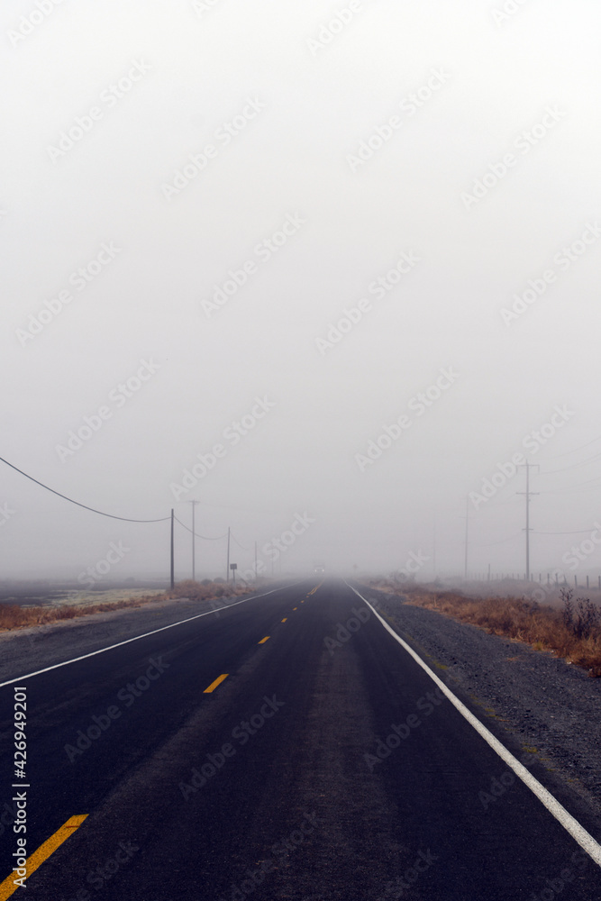 A vertical shot of an empty road during fog