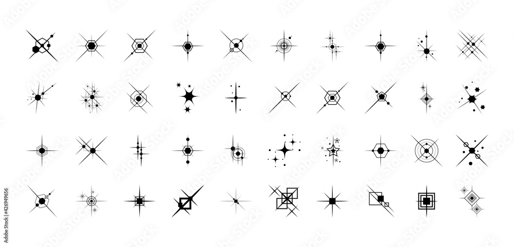 Set of black stars sparkle icons. Collection of various shape twinkling effect symbols on white background. Magic particle vivid for decorative for festive. Fantasy elements. Vector illustration. Set of black stars sparkle icons. Collection of various shape twinkling effect symbols on white background. Magic particle vivid for decorative for festive. Fantasy elements. Vector illustration.