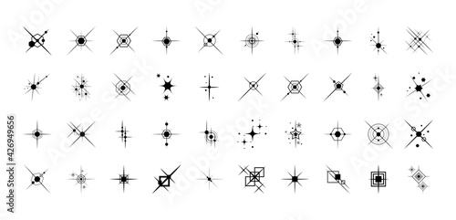 Set of black stars sparkle icons. Collection of various shape twinkling effect symbols on white background. Magic particle vivid for decorative for festive. Fantasy elements. Vector illustration.