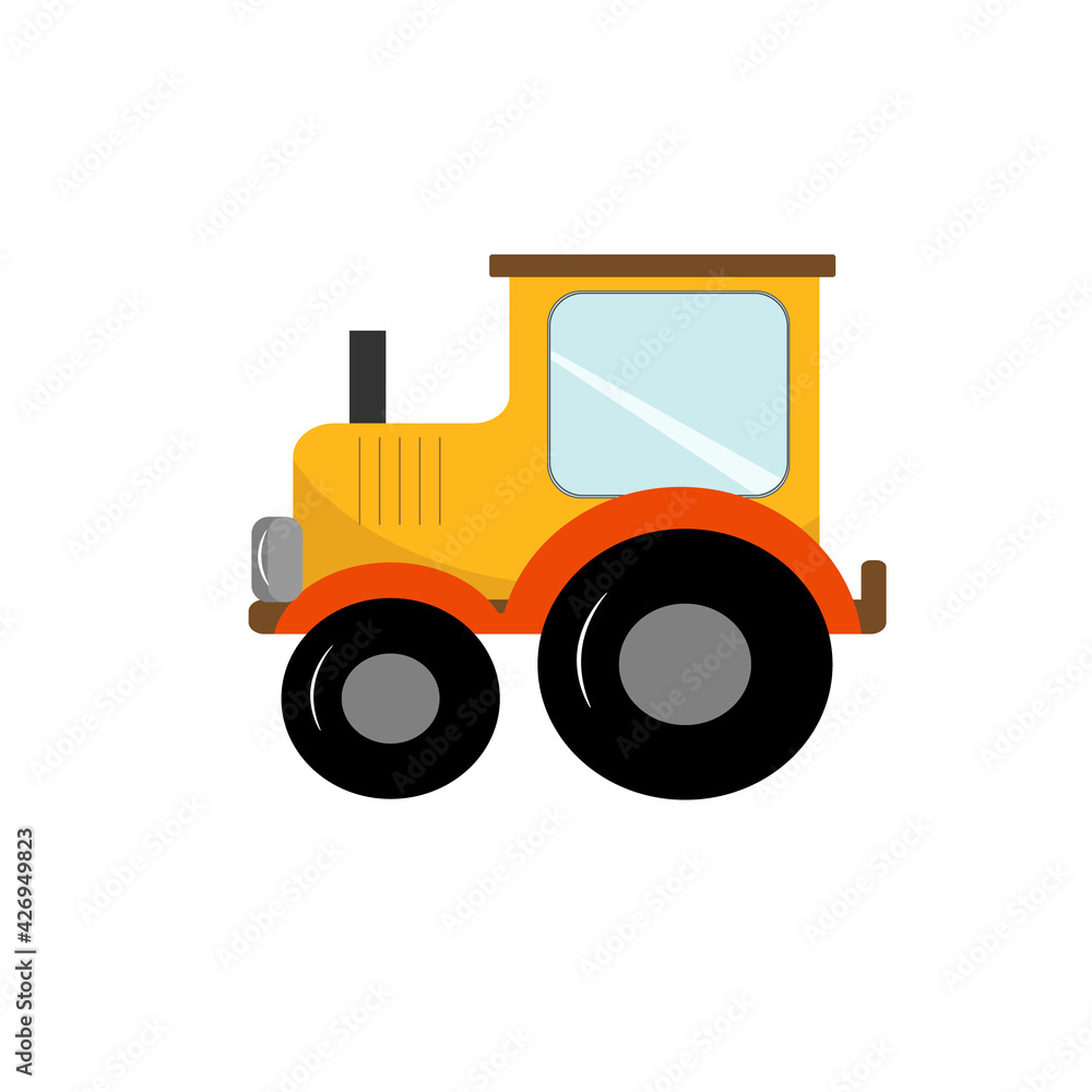 Construction trucks for childrens illustration toy tractor. Vector illustration on white isolated background. Drawing for use in prints, patterns, childrens products, games, cards and invitations