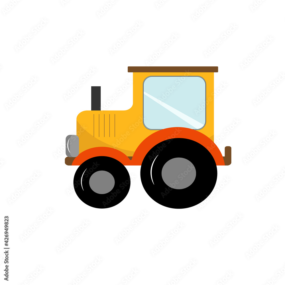 Construction trucks for childrens illustration toy tractor. Vector illustration on white isolated background. Drawing for use in prints, patterns, childrens products, games, cards and invitations Construction trucks for childrens illustration toy tractor. Vector illustration on white isolated background. Drawing for use in prints, patterns, childrens products, games, cards and invitations