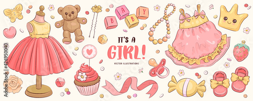 Hand drawn baby girl shower set. Vector illustration of cute dress, shoes, teddy bear, beads and flowers