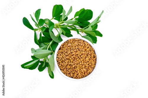 Fenugreek with green leaves in bowl top