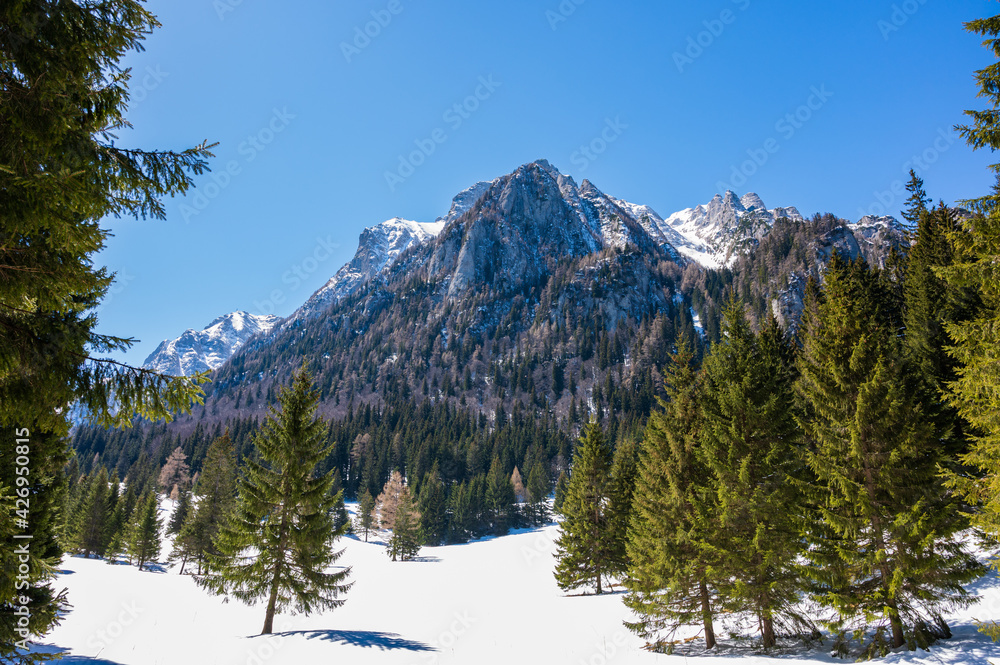 Snowy mountain landscape of Bucegi mountains in Romanian Carpathians during winter
