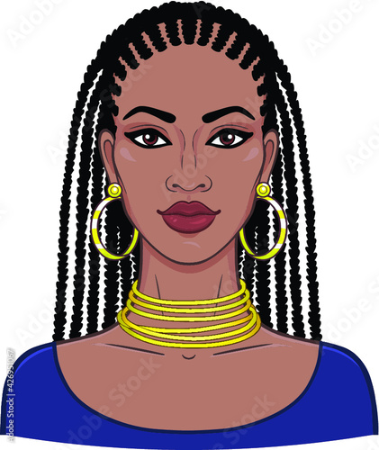 Animation portrait of the young beautiful African woman. Color drawing. Vector illustration isolated on a white background. Print, poster, t-shirt, card.