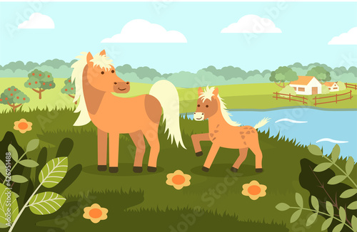 A horse with a foal on the background of a rural landscape in a flat style. Vector illustration