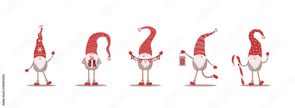Cute gnomes in red santa hats on white background. Scandinavian christmas elves. Vector illustration in flat cartoon style. Nordic element design for greeting cards, season greetings, web, wrapper.