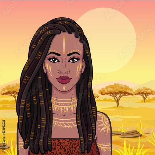 Animation portrait of the young beautiful African woman  in a dreadlocks. Savanna princess, Amazon, hunter. Background - a landscape the desert. The place for the text. Vector illustration.