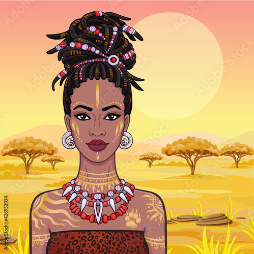 Animation portrait of the young beautiful African woman  in a dreadlocks. Savanna princess, Amazon, hunter. Background - a landscape the desert. The place for the text. Vector illustration.