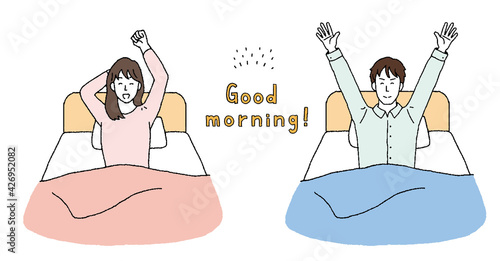 爽やかな目覚めの男性と女性のイラストレーション
