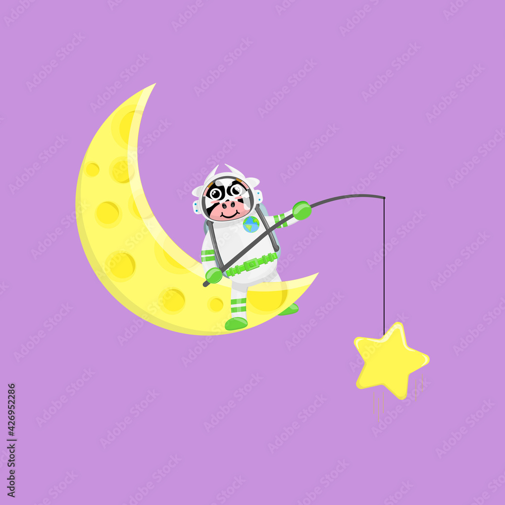 Illustration vector graphic cartoon of cute cow astronaut fishing a star. Childish cartoon design suitable for product design of children's books, t-shirt etc