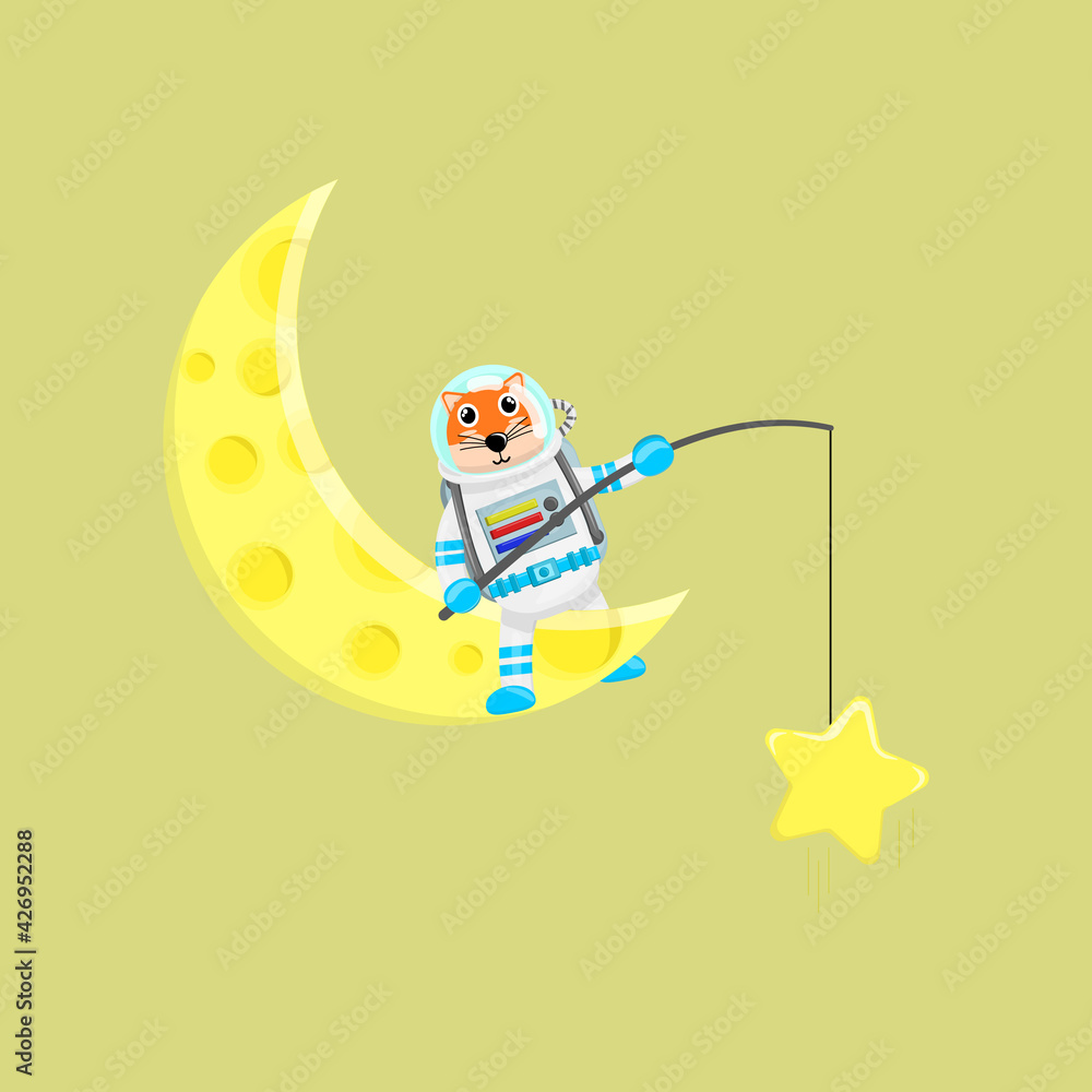 Illustration vector graphic cartoon of cute fox astronaut fishing a star. Childish cartoon design suitable for product design of children's books, t-shirt etc Illustration vector graphic cartoon of cute fox astronaut fishing a star. Childish cartoon design suitable for product design of children's books, t-shirt etc