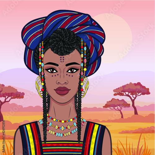 Animation portrait of the beautiful African woman  in a turban. Savanna princess, Amazon, nomad. Background - a landscape the desert.  Vector illustration. photo