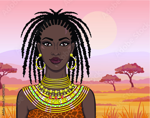 Animation portrait of the beautiful African girl in ancient clothes. Savanna princess. Background - a desert landscape. Vector illustration.