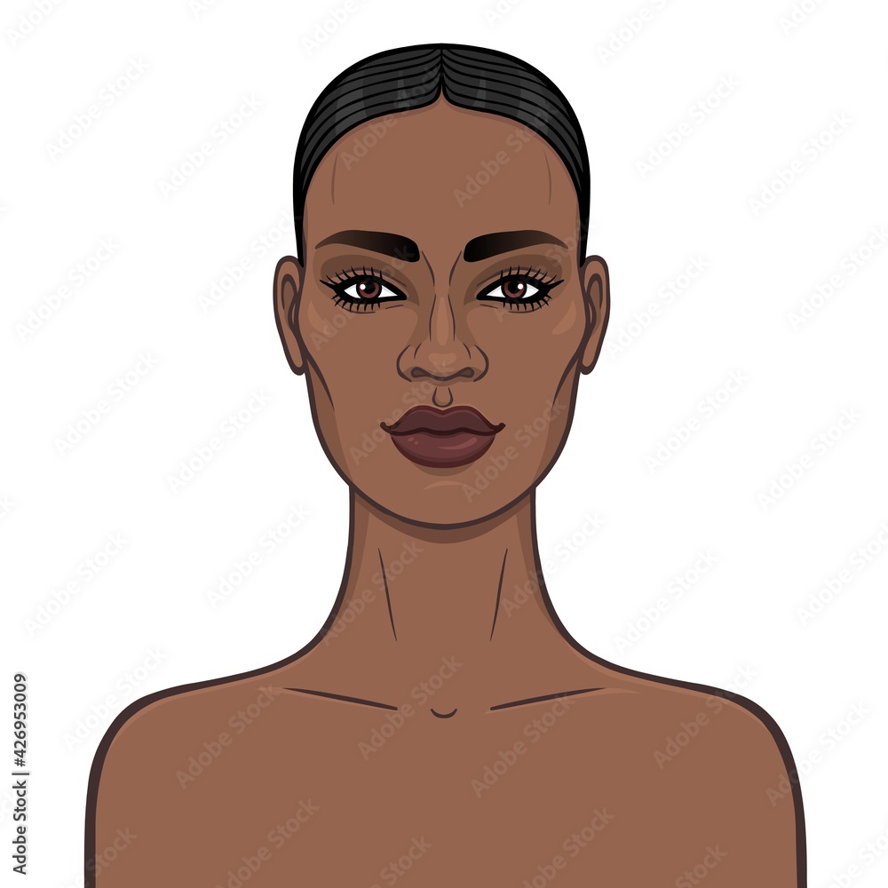 Animation portrait of the young beautiful African woman. Color drawing. Template for use. Vector illustration isolated on a white background. Animation portrait of the young beautiful African woman. Color drawing. Template for use. Vector illustration isolated on a white background.