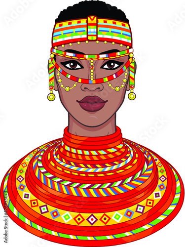 Animation portrait of the beautiful African woman in ancient clothes and jewelry. Color drawing. Vector illustration isolated on a white background. Print, poster, t-shirt, card.